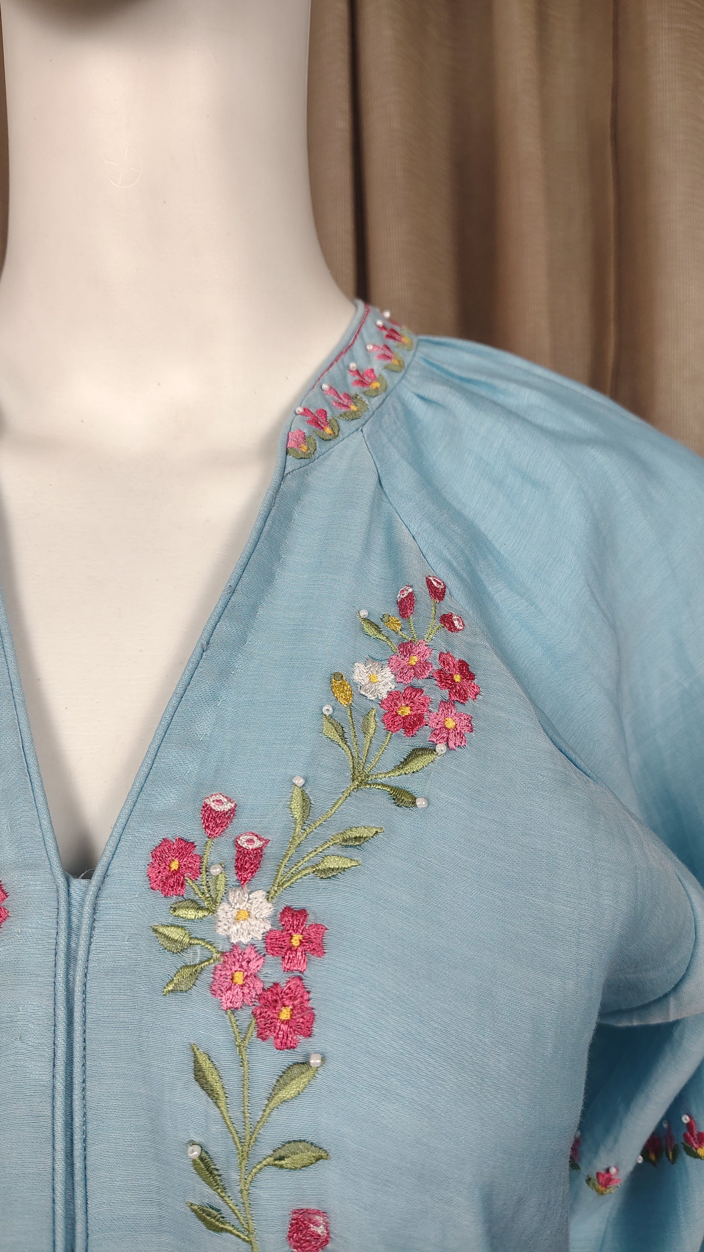 Pastel Blue silk floral embroidered kurta and pant