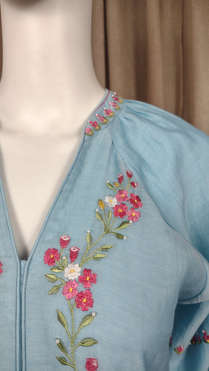 Pastel Blue silk floral embroidered kurta and pant