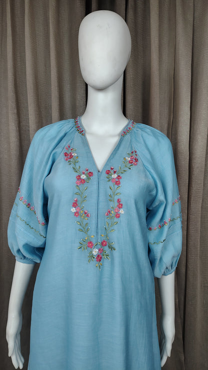 Pastel Blue silk floral embroidered kurta and pant