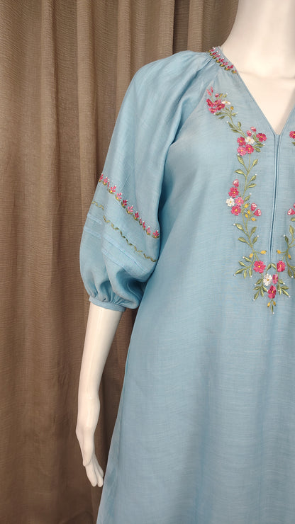 Pastel Blue silk floral embroidered kurta and pant