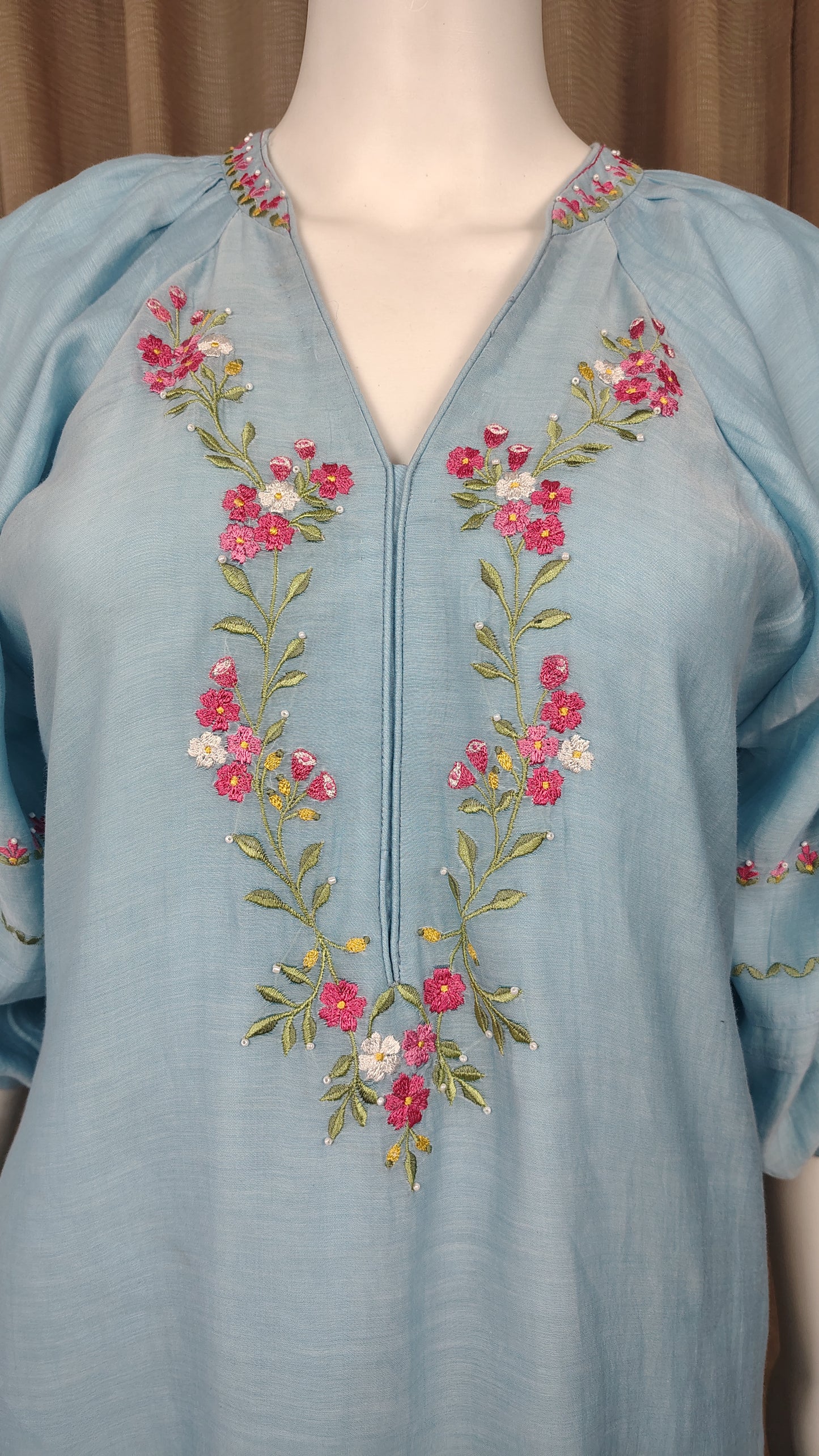 Pastel Blue silk floral embroidered kurta and pant