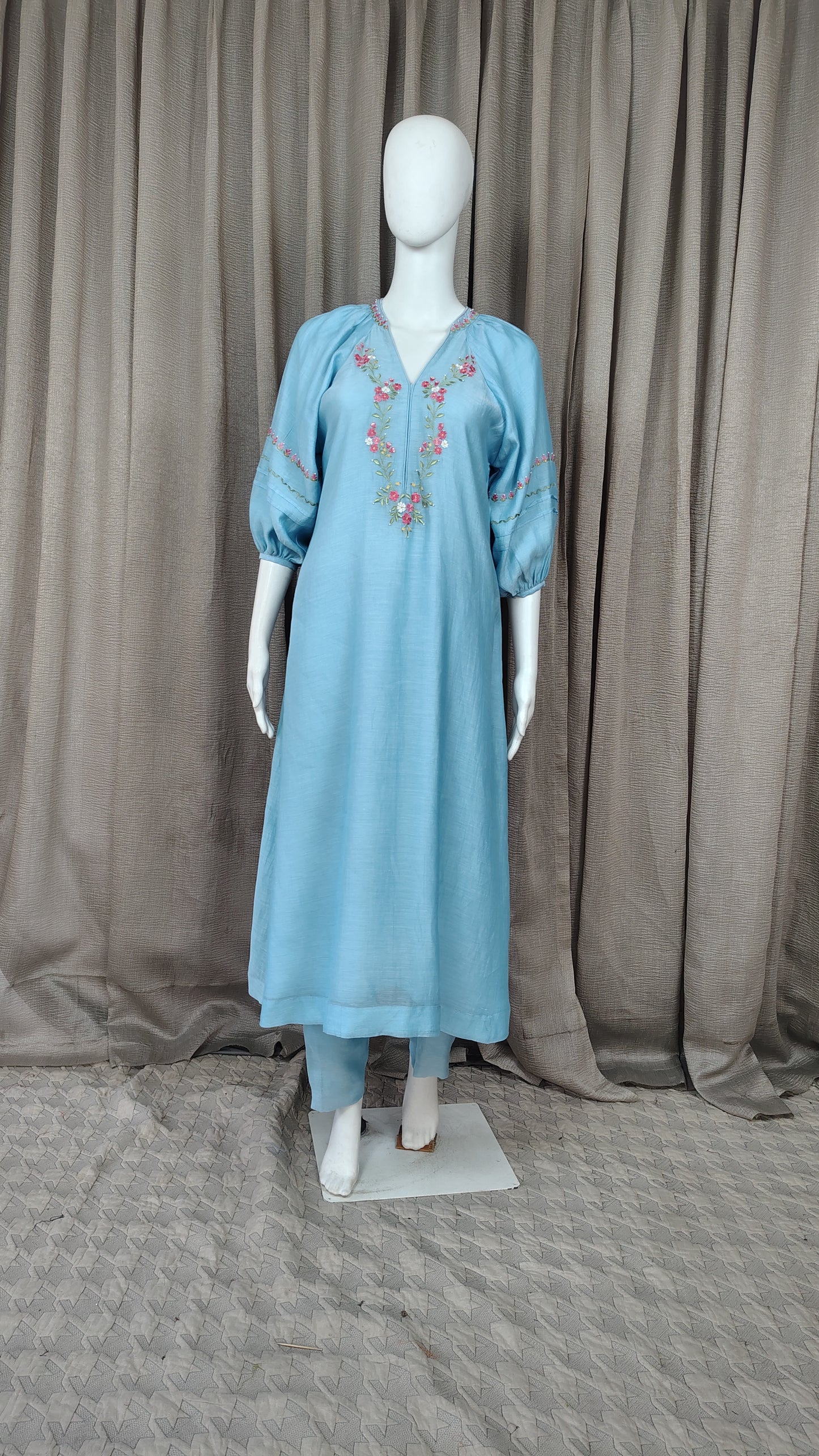 Pastel Blue silk floral embroidered kurta and pant