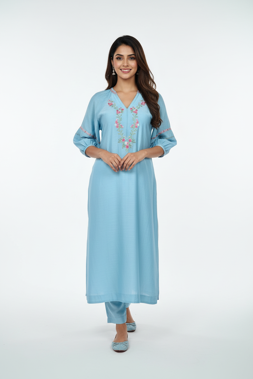 Pastel Blue silk floral embroidered kurta and pant