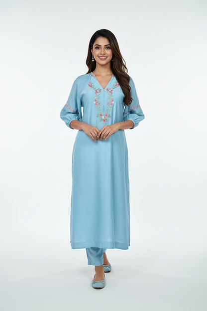 Pastel Blue silk floral embroidered kurta and pant