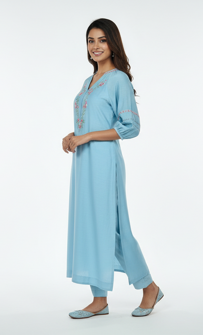Pastel Blue silk floral embroidered kurta and pant