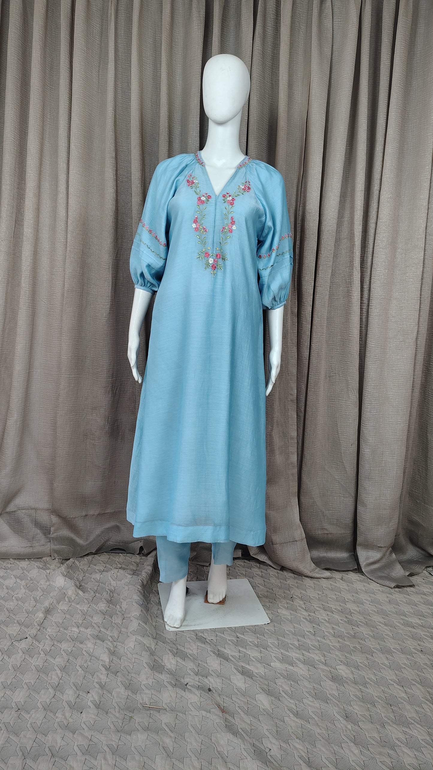 Pastel Blue silk floral embroidered kurta and pant