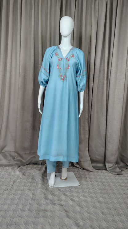 Pastel Blue silk floral embroidered kurta and pant