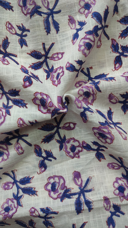 White Cotton Linen Floral Print Fabric