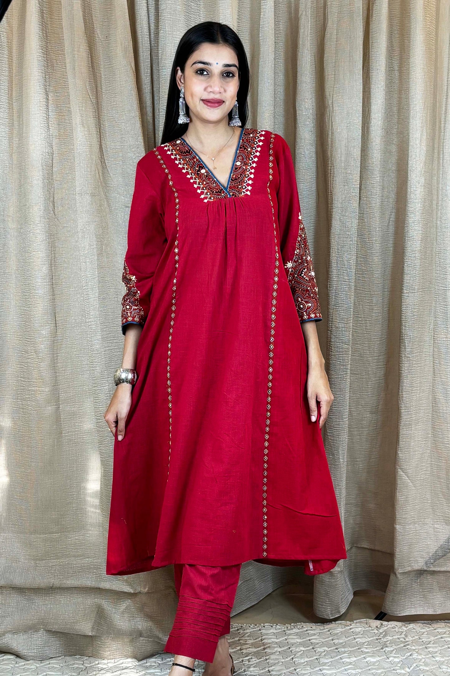 Red Cotton Slub Ajrakh Applique Kurta