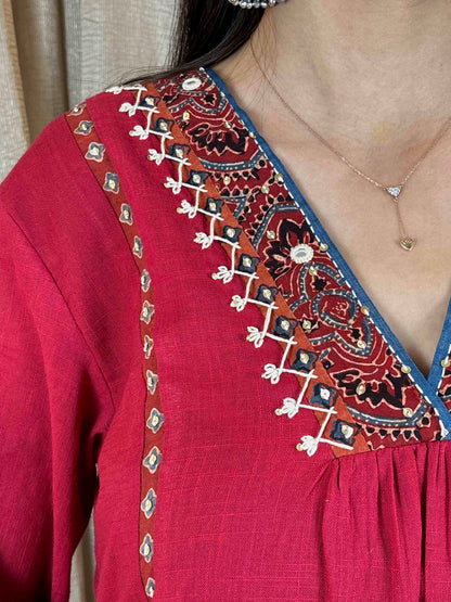 Red Cotton Slub Ajrakh Applique Kurta