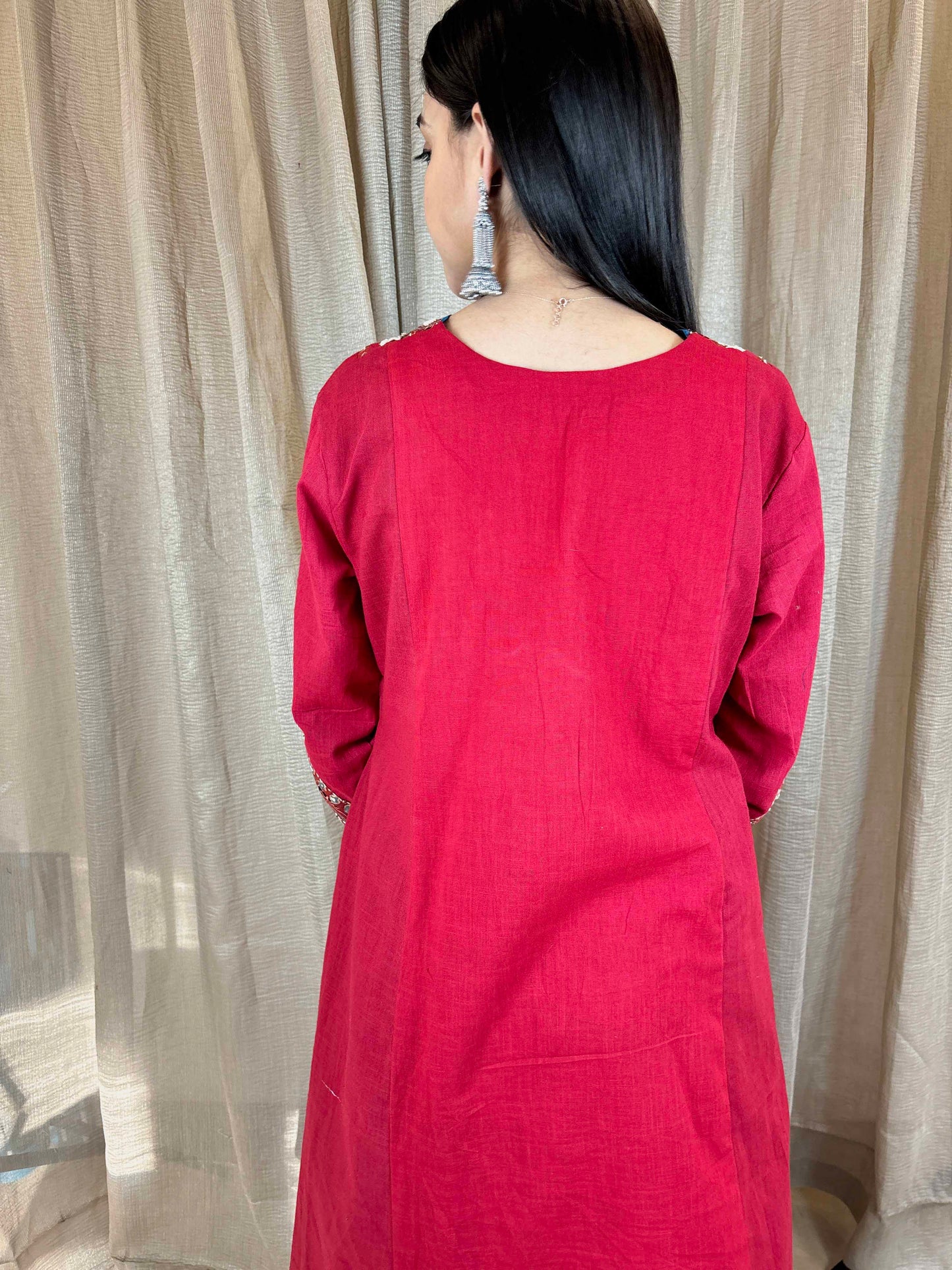 Red Cotton Slub Ajrakh Applique Kurta