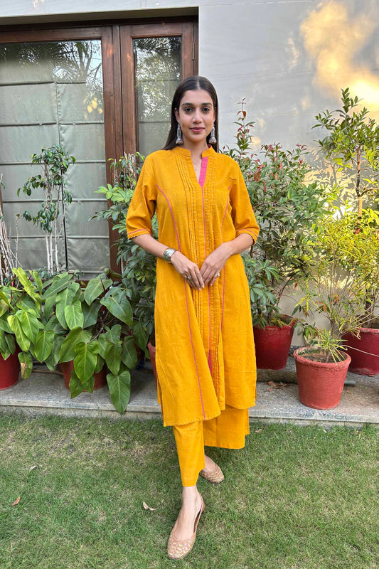 Mustard Cotton Slub Beaded Kurta