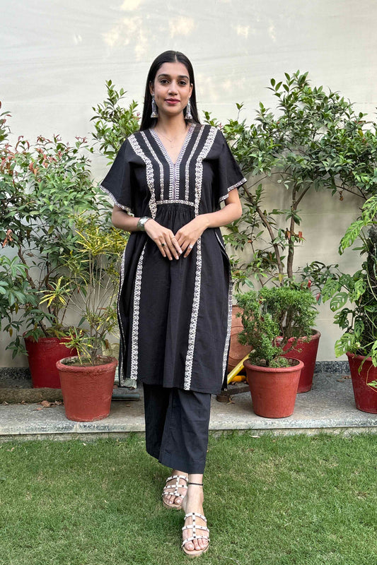 Black Cotton Slub Bagh Applique Kurta