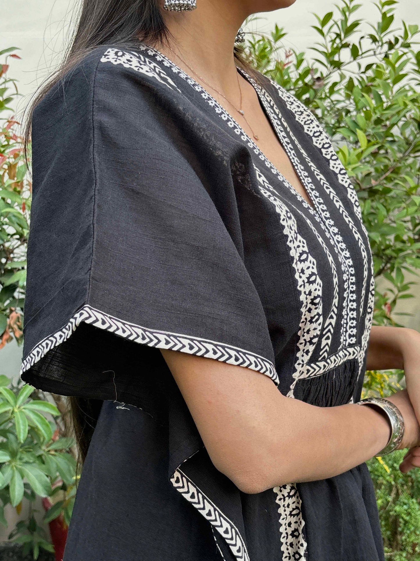 Black Cotton Slub Bagh Applique Kurta