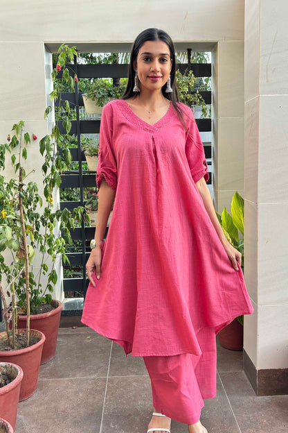 Pink Cotton Slub V neck Beaded Kurta