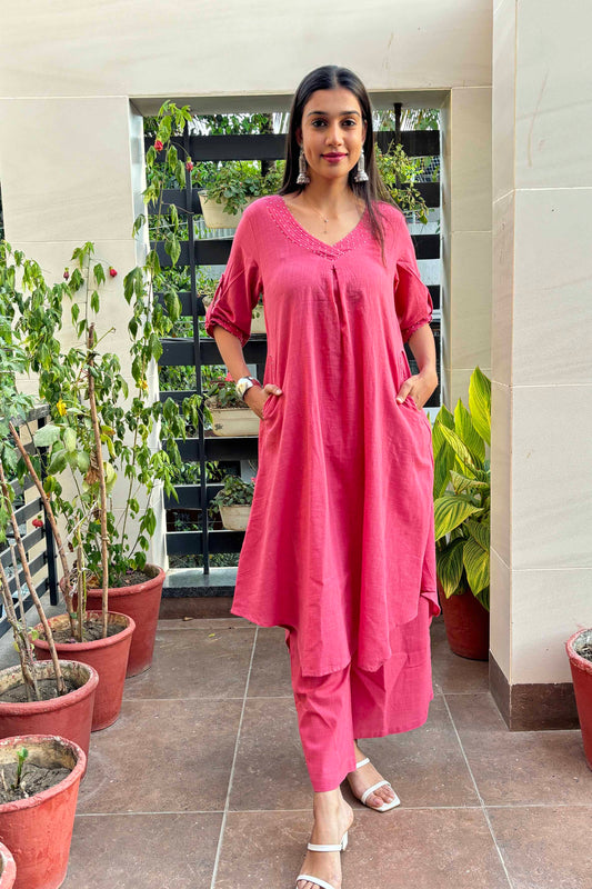 Pink Cotton Slub V neck Beaded Kurta