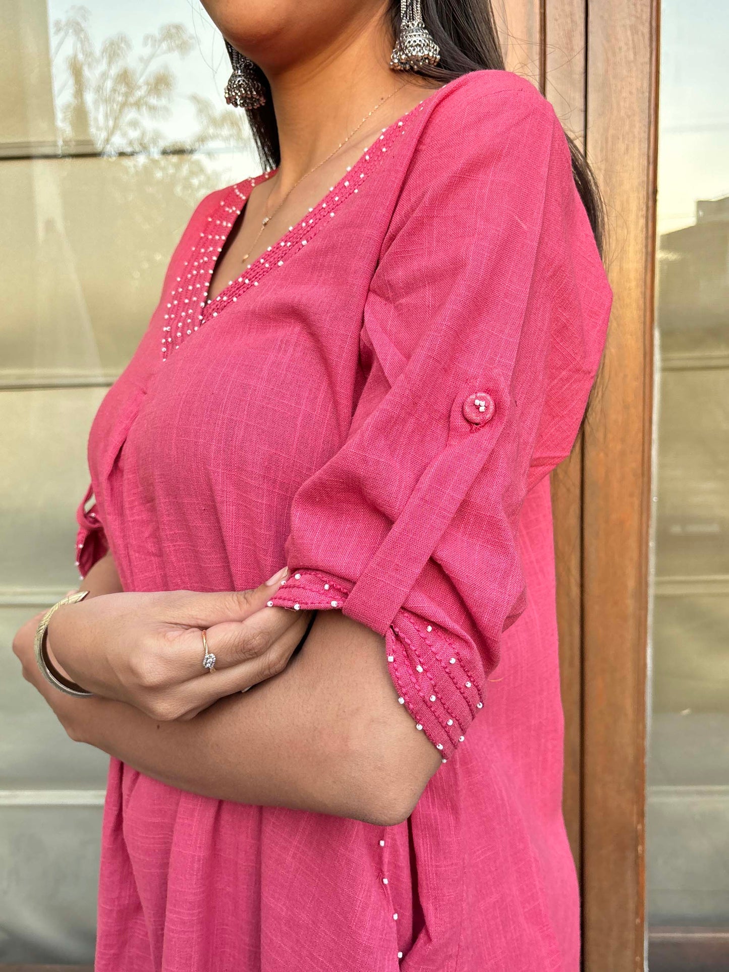 Pink Cotton Slub V neck Beaded Kurta