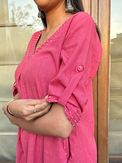 Pink Cotton Slub V neck Beaded Kurta