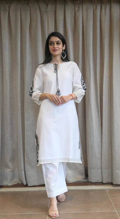 White Chanderi Black Silk Thread Embroidered Kurta And Pant 2 pc set