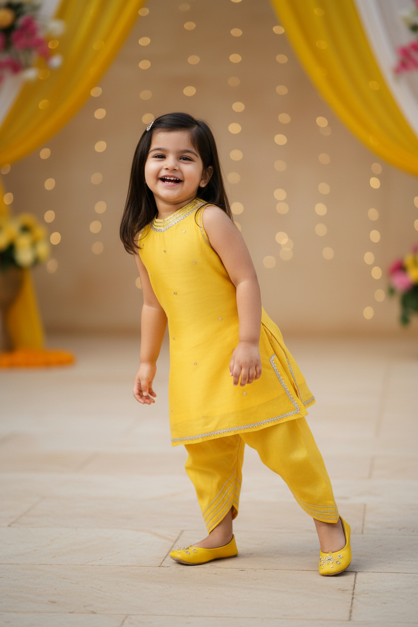 Yellow Lace Work Chanderi Kurta with Dhoti Pants- Set of 2