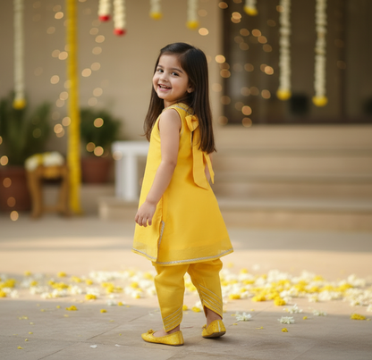 Yellow Lace Work Chanderi Kurta with Dhoti Pants- Set of 2