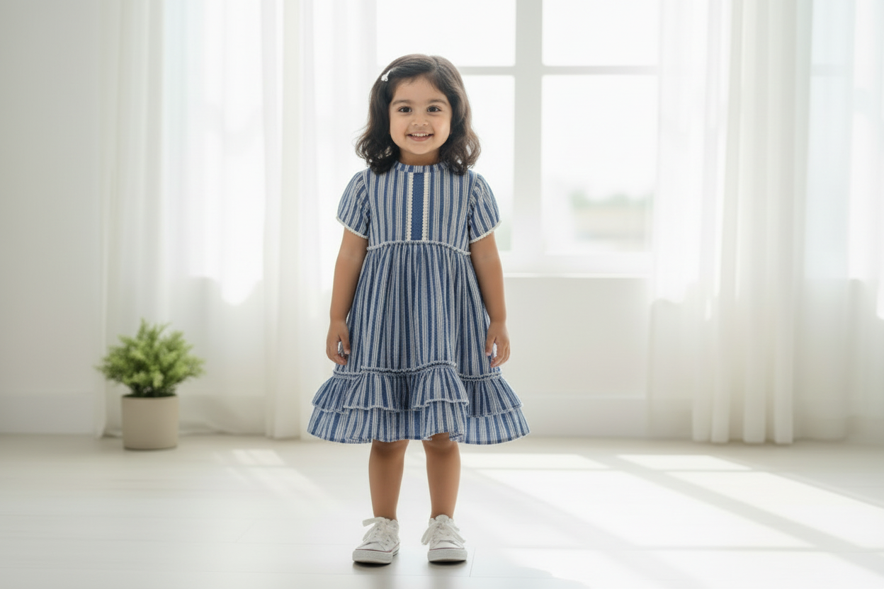 Blue Stripe Cotton Dress For Kids