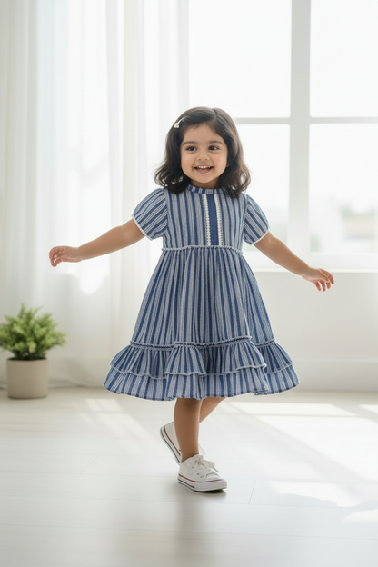 Blue Stripe Cotton Dress For Kids