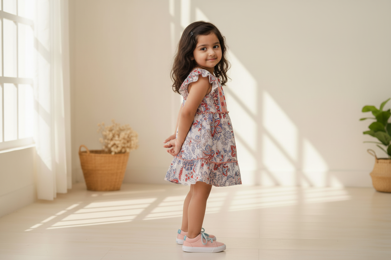 Blue Orange Hand Block Printed Cotton Dress