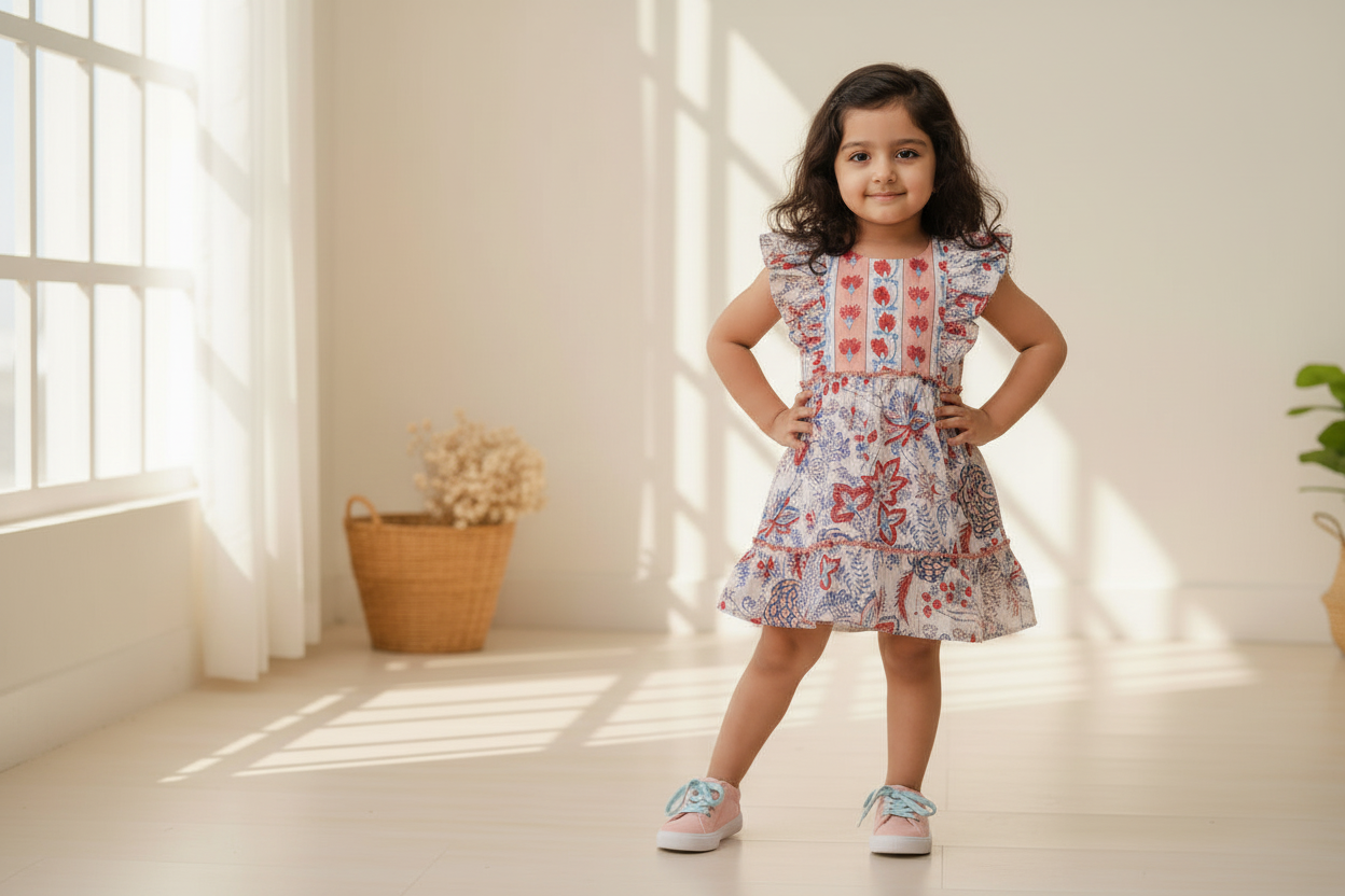 Blue Orange Hand Block Printed Cotton Dress