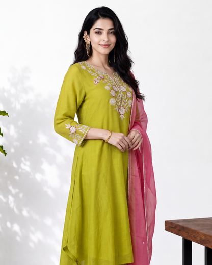 Lime Green Pink Mul Chanderi Suitset