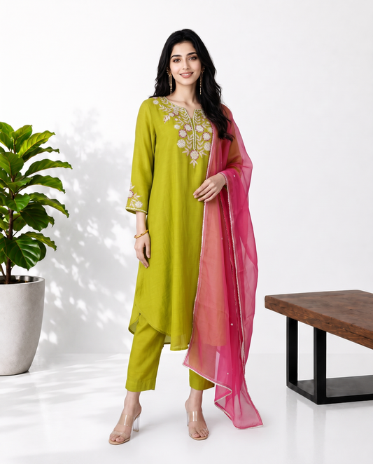 Lime Green Pink Mul Chanderi Suitset