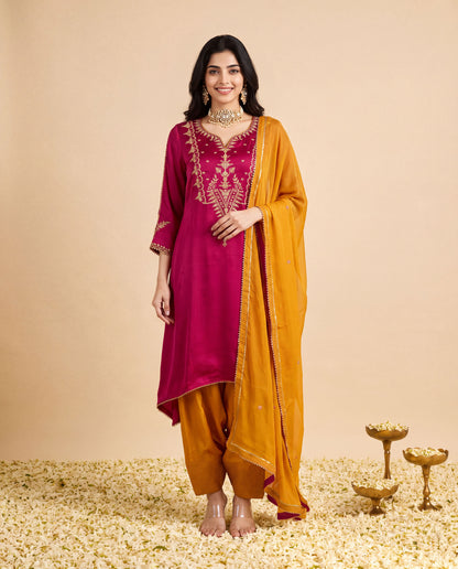 Magenta Modal Satin suit with Mustard Farshi salwar set and Mustard Georget Dupatta