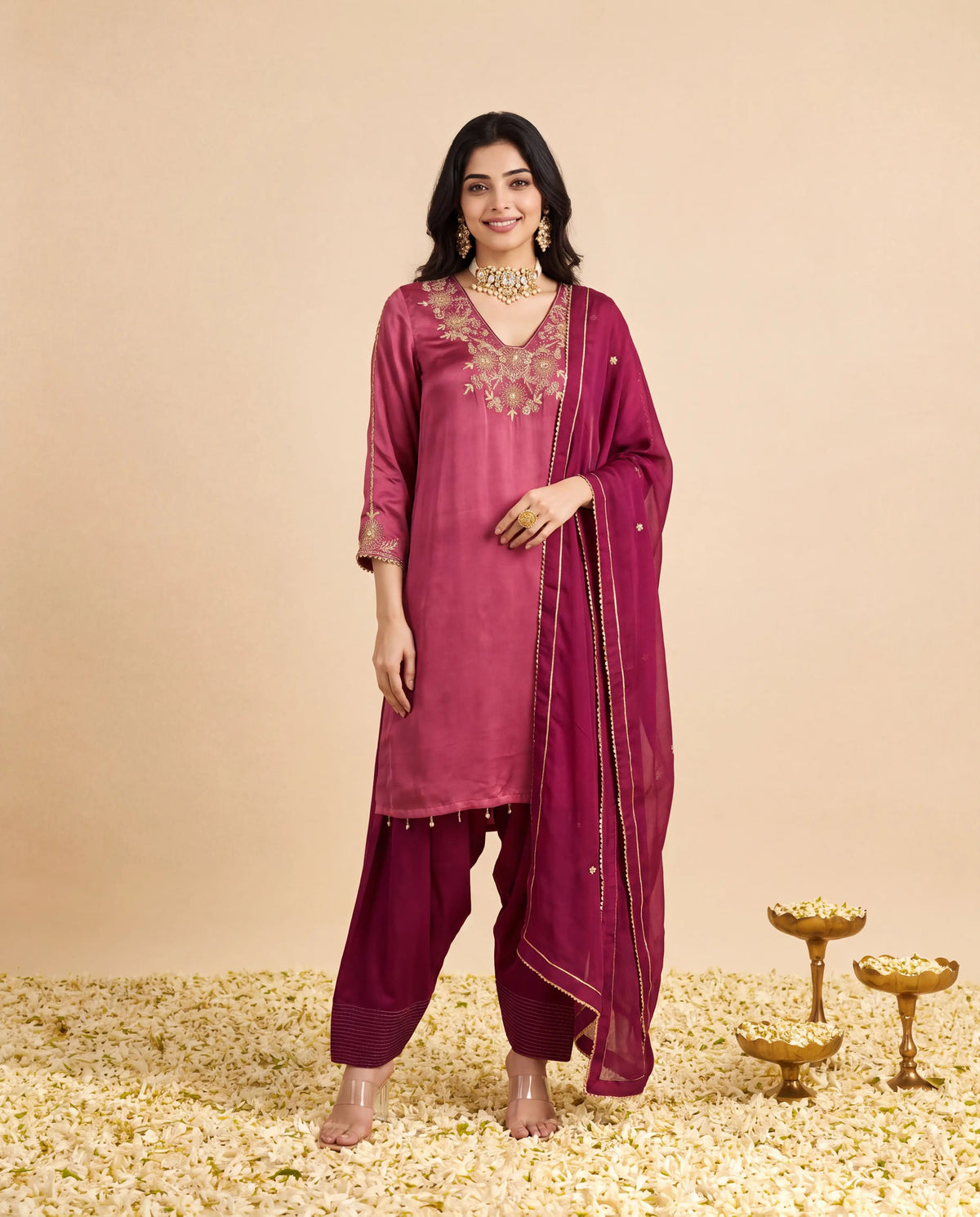 Rose Gold Modal Satin suit with Maroon Farshi salwar set and Maroon Georget Dupatta