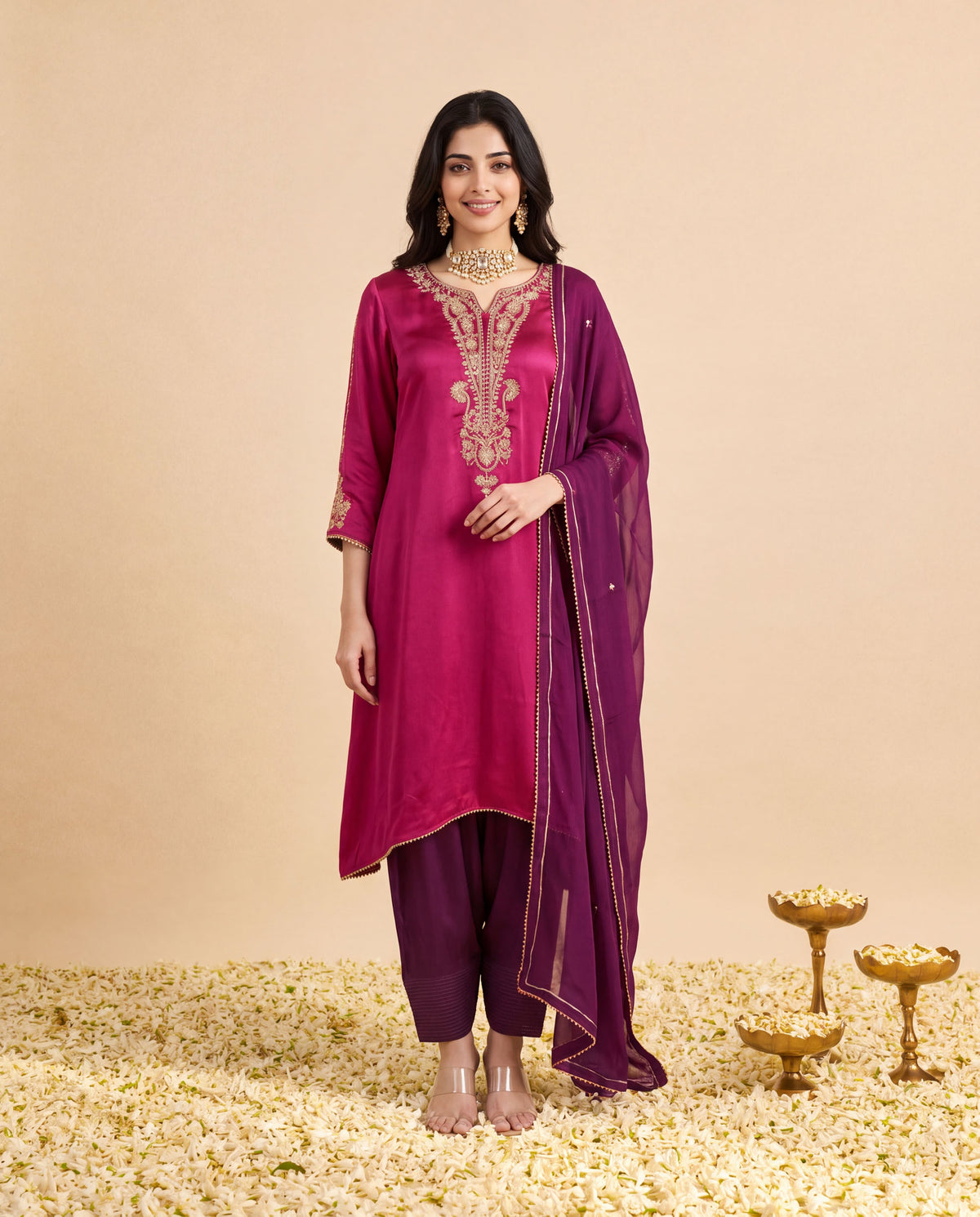 Rasberry Modal Satin suit with Burgundy Farshi salwar set and Burgundy Georget Dupatta