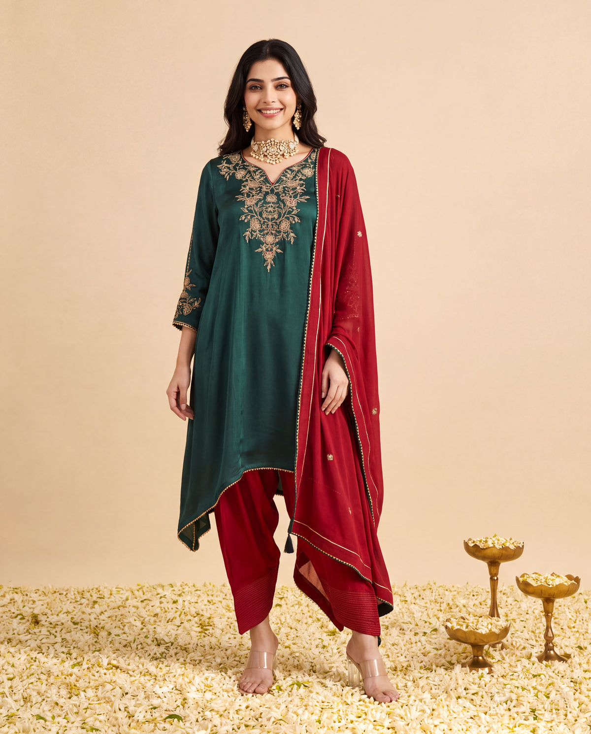Green Modal Satin suit with Farshi salwar set and Marron Georget Dupatta