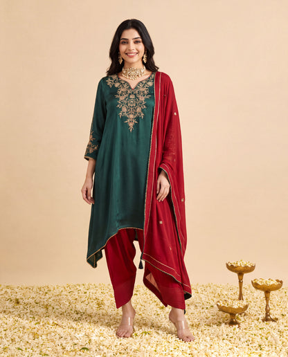 Green Modal Satin suit with Farshi salwar set and Marron Georget Dupatta