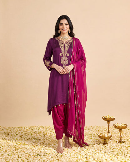 Burgundy Modal Satin suit with Magenta Farshi salwar set and Magenta Georget Dupatta
