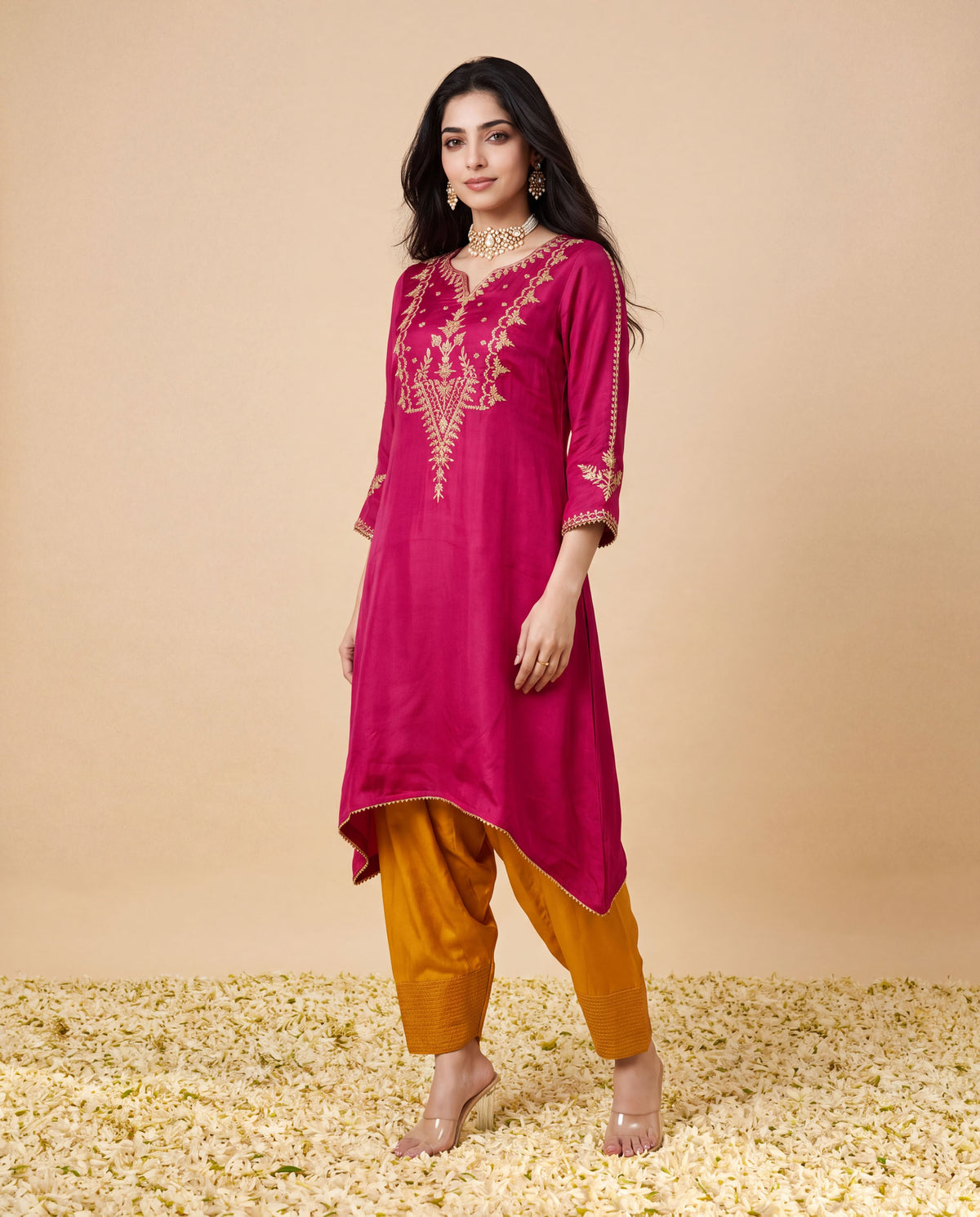 Magenta Modal Satin suit with Mustard Farshi salwar set and Mustard Georget Dupatta