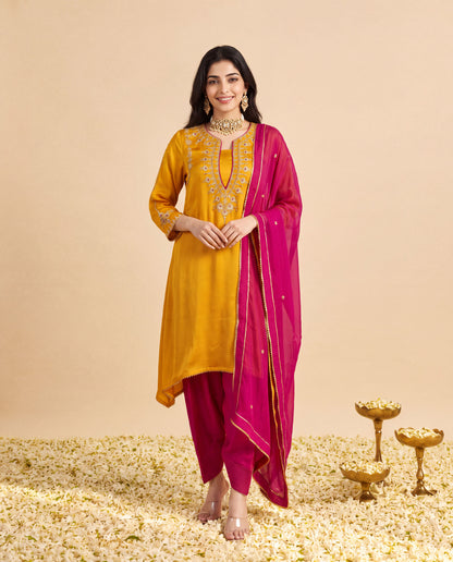 Yellow Modal Satin suit with Hot pink Farshi salwar and Hot Pink Georget Dupatta