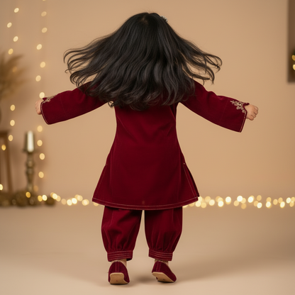 Marron Kids Velvet Zari Embroidered
