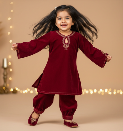 Marron Kids Velvet Zari Embroidered