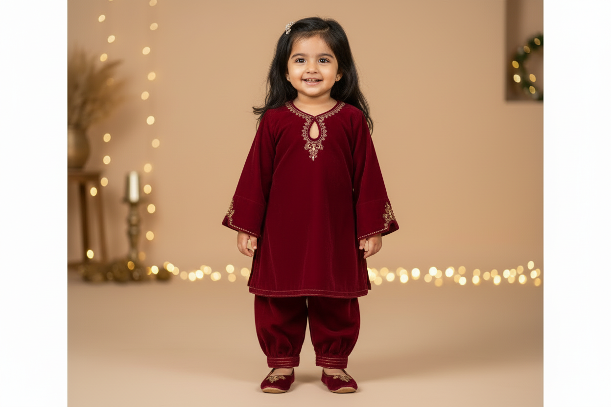 Marron Kids Velvet Zari Embroidered