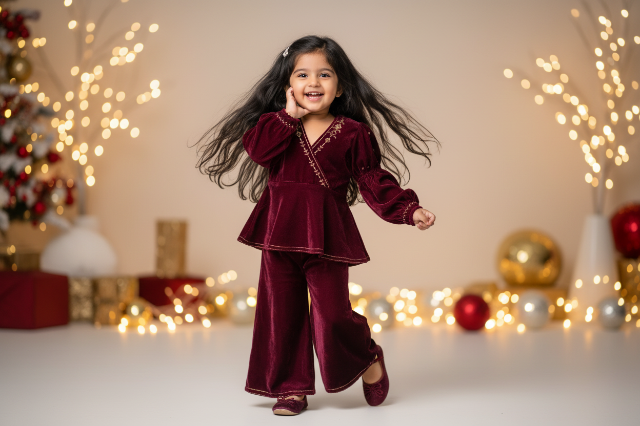 Wine Velvet Peplum Top with Plazzo Pants for Kids