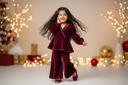 Wine Velvet Peplum Top with Plazzo Pants for Kids