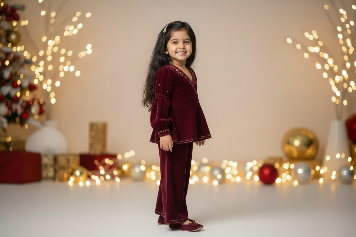 Wine Velvet Peplum Top with Plazzo Pants for Kids