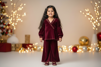 Wine Velvet Peplum Top with Plazzo Pants for Kids