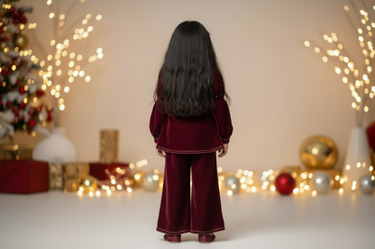 Wine Velvet Peplum Top with Plazzo Pants for Kids