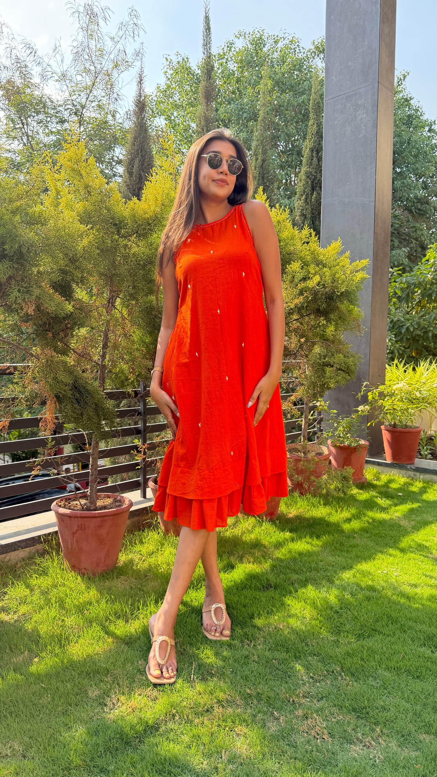 Orange Beaded Cotton Dress