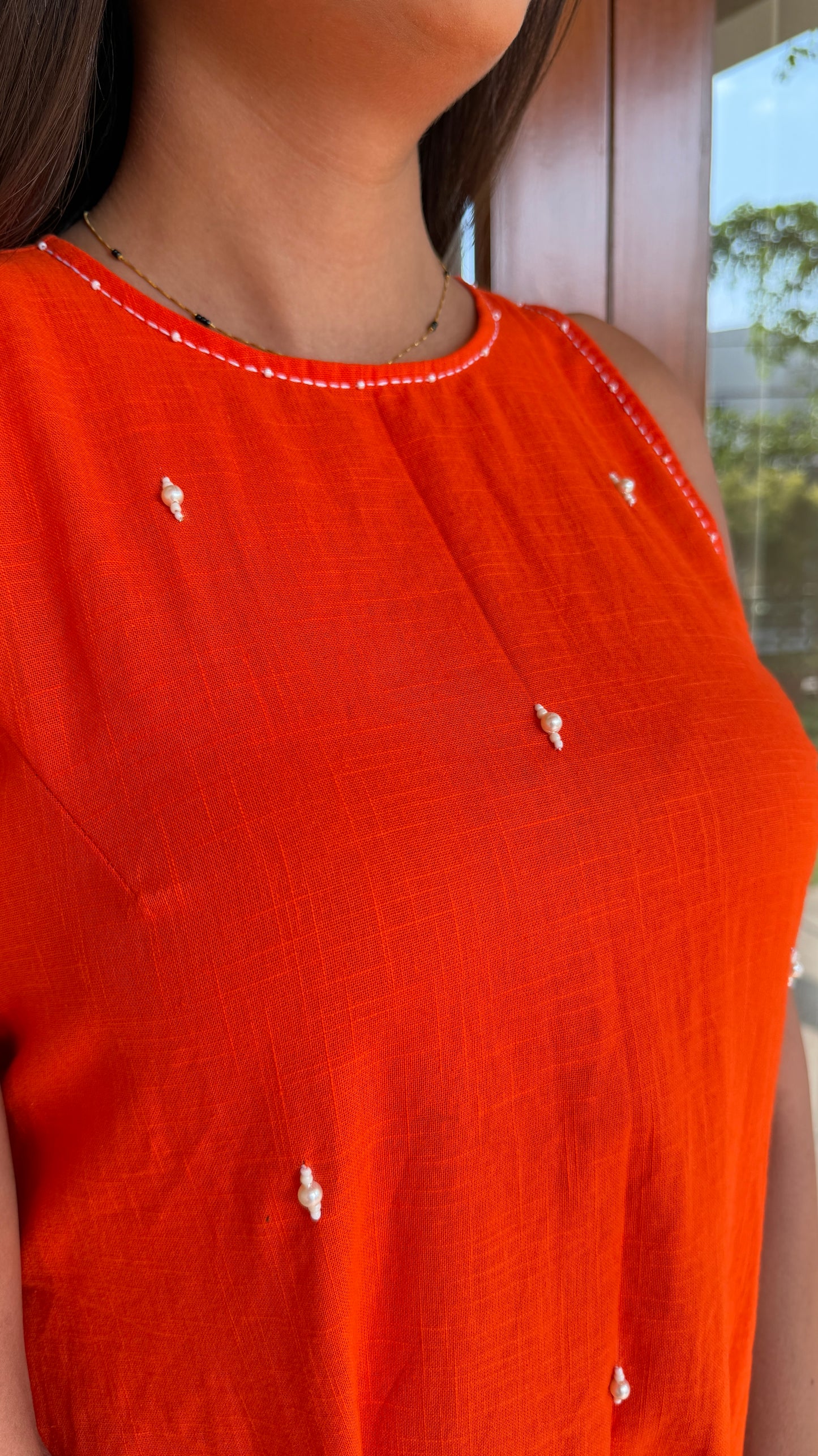 Orange Beaded Cotton Dress