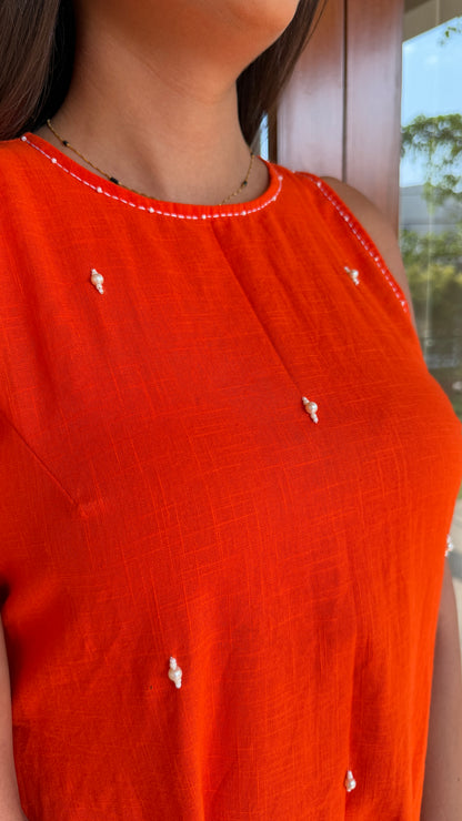 Orange Beaded Cotton Dress